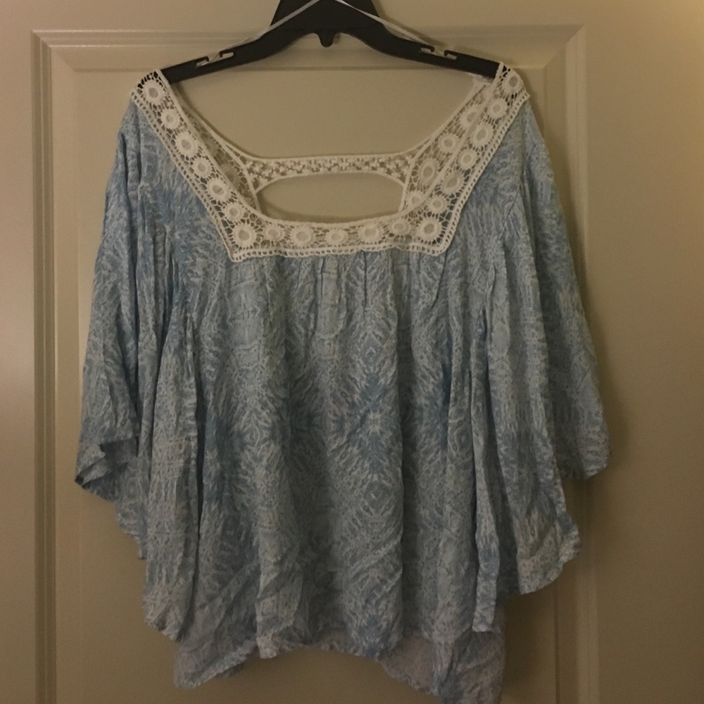 Blue & White Crochet Neck Line Collar Blouse Top Sz.M🤍